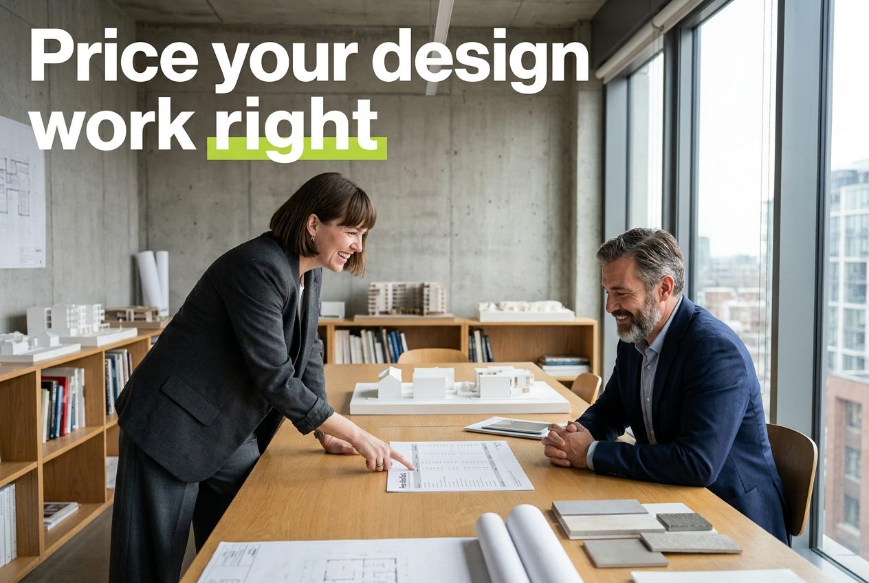 Smiling architect pointing at a fee table while a relieved client looks on in a modern concrete studio, headline: Price your design work right