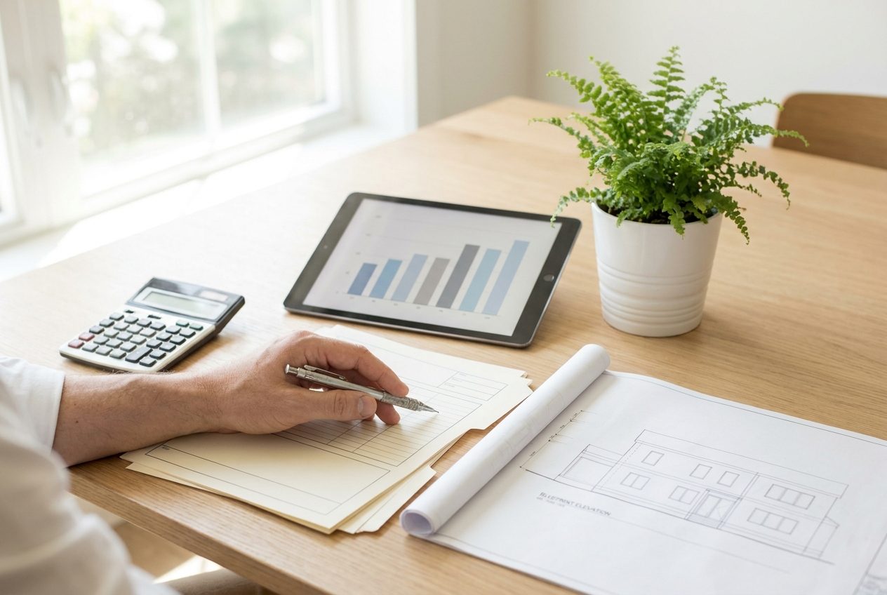 Architect's hand writing on a proposal next to a calculator, an elevation drawing and a tablet with a bar chart
