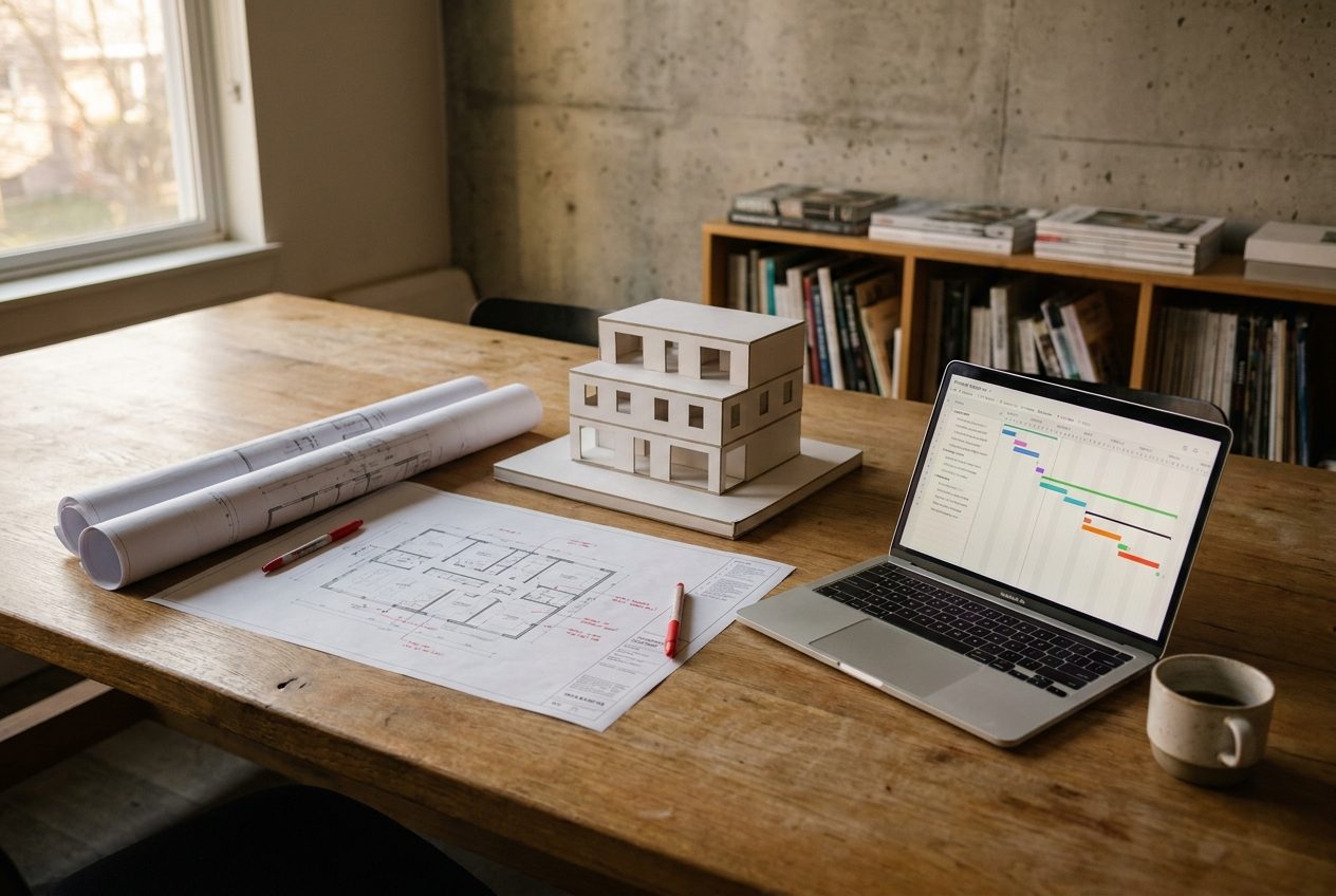 Architect's desk with a floor plan marked up in red, a white massing model and a laptop showing a project timeline