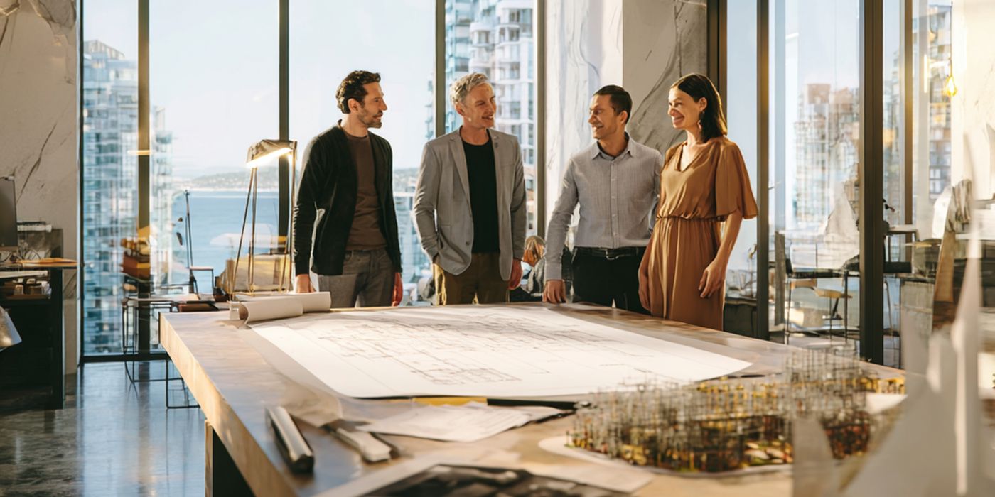 Four architects around a drawing table in a studio